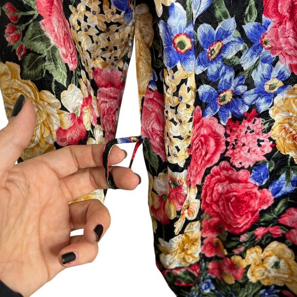 Vintage 80s Floral Satin Kimono Long Robe Lingerie Beaux Reves OS One Size - Picture 6 of 7